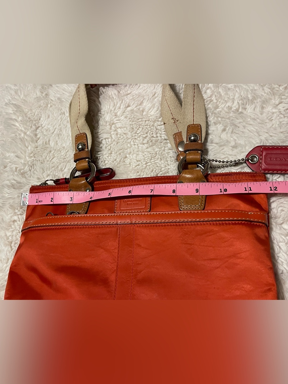 Coach Hamptons Weekend Small Tote Bag Red Satin Nylon Canvas Leather Trim 11744 - Picture 3 of 16